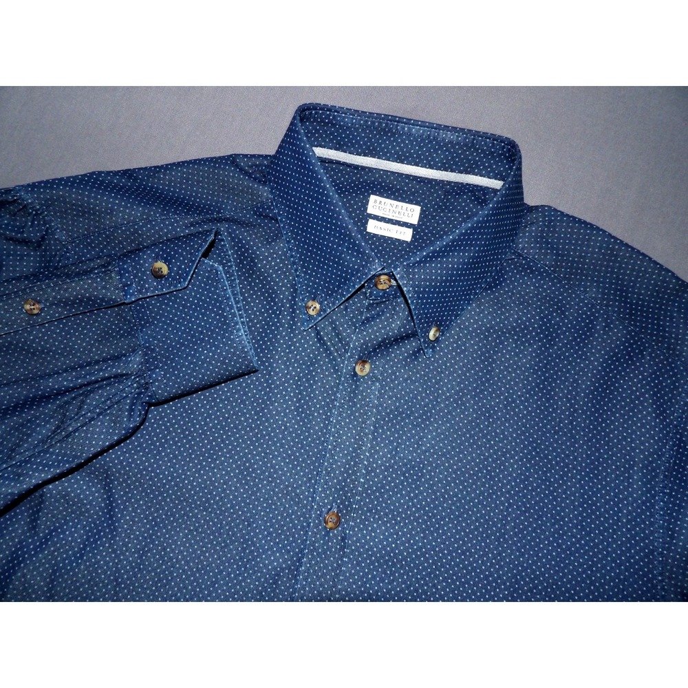 BRUNELLO CUCINELLI Navy Blue Polka Dot Basic Fit Button Up Shirt Men's XXL